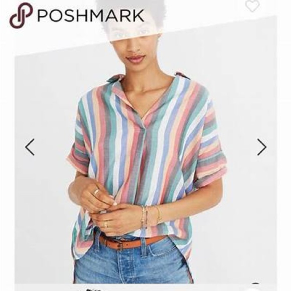 Madewell Courier Button Back Shirt Rainbow Stripe Popover Top.